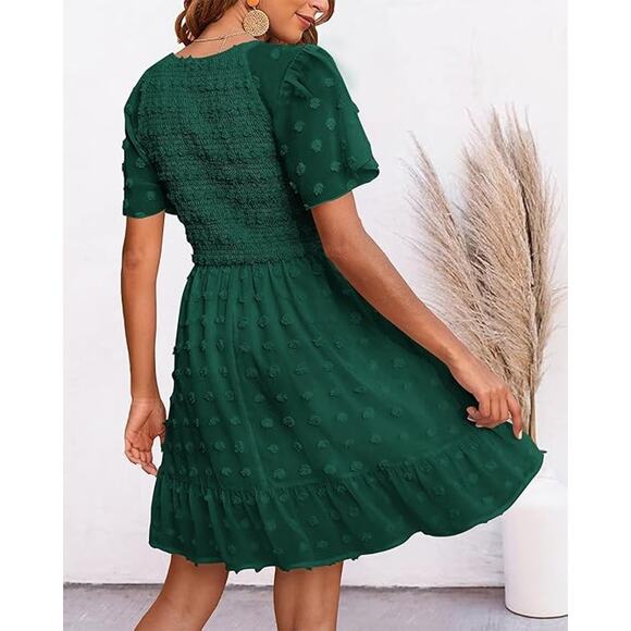 Women's V Neck Short Flutter Sleeve High Waist Dress Dark Green Size L - Picture 2 of 8